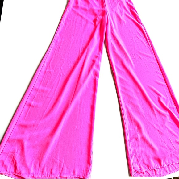 Lush Neon Pink Flowy Sheer Strappy Wide Leg Halter Jumpsuit - Picture 4 of 10